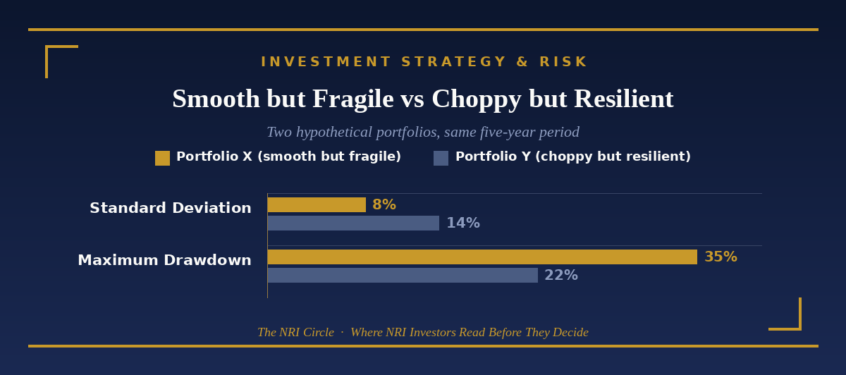 Smooth but fragile vs choppy but resilient: standard deviation vs maximum drawdown comparison